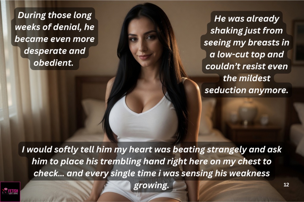 Olivia Bianchi sitting on bed with soft smile, explaining how her step-son became more desperate during weeks of denial and how he reacted to her breasts