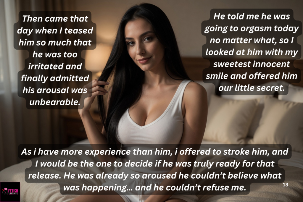 Olivia Bianchi with playful innocent smile, long black hair, explaining the day she offered to stroke her step-son and decide if he was ready to cum