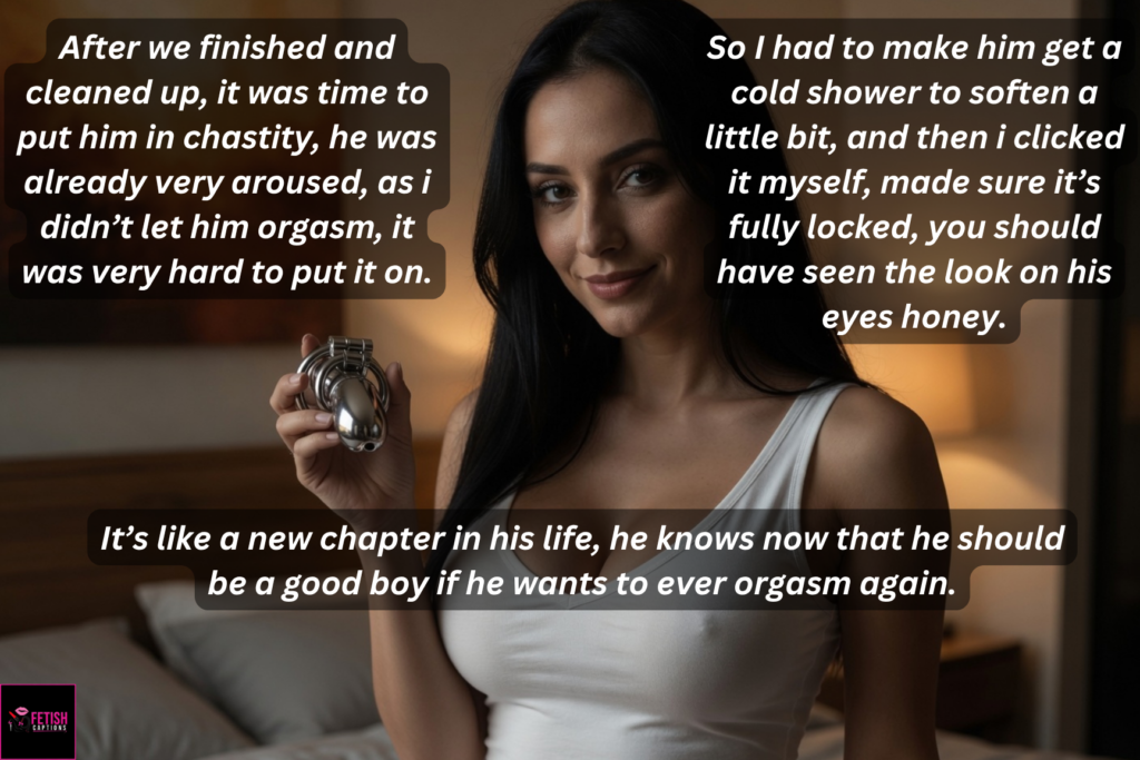 Olivia Bianchi lying on bed with relaxed satisfied expression, long black hair, after locking her step-son in chastity