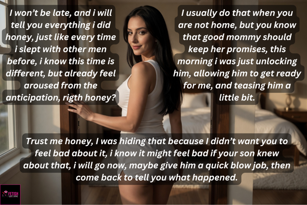 Olivia Bianchi standing confidently, long black hair, explaining the final conditions before allowing her step-son to cum after 2 months
