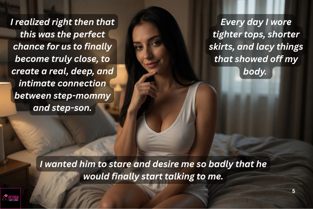 Olivia Bianchi sitting on bed in tight white tank top, touching her chin seductively, long black hair, soft bedroom lighting, explaining how she started wearing tighter clothes to seduce her step-son