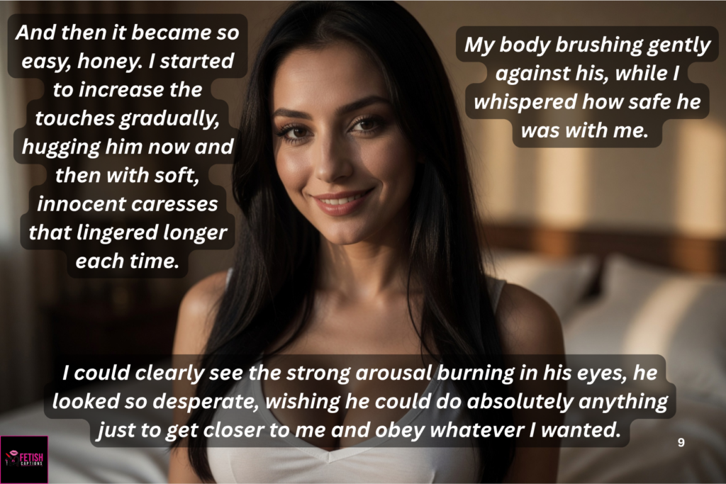 Olivia Bianchi with seductive smile, long black hair, explaining how she started increasing touches and how her step-son became desperate with arousal
